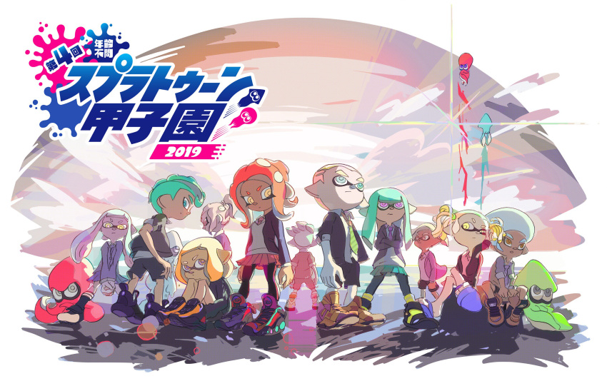 5girls 6+boys absurdres afro back crossed_arms dark_skin hand_on_own_face hands_together highres inkling legs_crossed lens_flare looking_at_viewer looking_back midair multiple_boys multiple_girls necktie nintendo octoling official_art open_collar pantyhose pointy_ears school_uniform serious shoes sitting skirt sleeves_rolled_up sneakers splatoon splatoon_2 standing tentacle_hair twintails