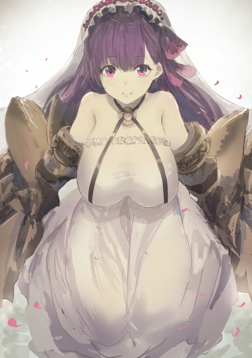 1girl absurdres bangs bare_shoulders breasts bridal_veil cleavage closed_mouth dress eyebrows_visible_through_hair fate/extra fate/extra_ccc fate_(series) hair_ribbon halterneck highres kumamoto_nomii-kun large_breasts long_hair looking_at_viewer passion_lip petals pink_eyes pink_ribbon purple_hair ribbon smile solo straight_hair veil wedding_dress white_dress