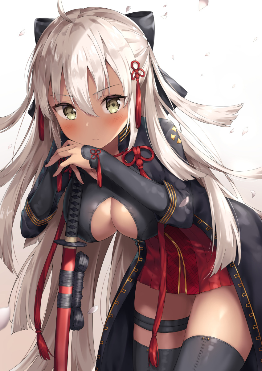 1girl absurdres ahoge ale_nqki black_bow black_legwear blush bow breasts cleavage commentary_request dark_skin dress fate/grand_order fate_(series) hair_between_eyes hair_bow hair_ornament highres holding holding_sword holding_weapon japanese_clothes katana kimono koha-ace large_breasts long_hair long_sleeves looking_at_viewer okita_souji_(fate) okita_souji_alter_(fate) petals short_dress short_kimono standing sword tassel thigh-highs thigh_strap tied_hair weapon white_background white_hair yellow_eyes