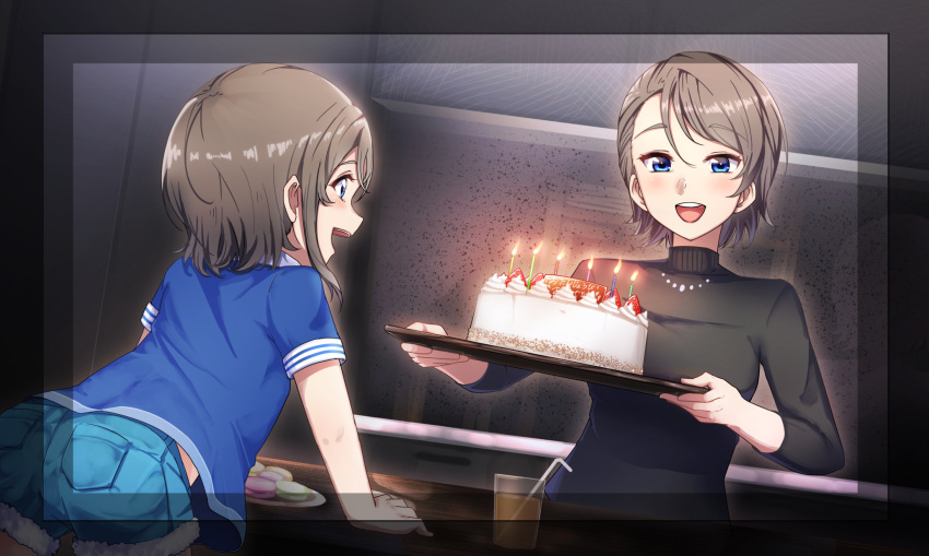 2girls :d birthday_cake black_shirt blue_eyes blue_shirt blue_shorts border cake cup drinking_glass drinking_straw food grey_hair highres holding holding_tray indoors jewelry long_sleeves looking_at_another love_live! love_live!_sunshine!! macaron mother_and_daughter multiple_girls necklace open_mouth otsumami_(otsu-mugi) round_teeth shirt short_hair short_sleeves shorts smile table teeth tray turtleneck upper_teeth watanabe_you watanabe_you's_mother younger