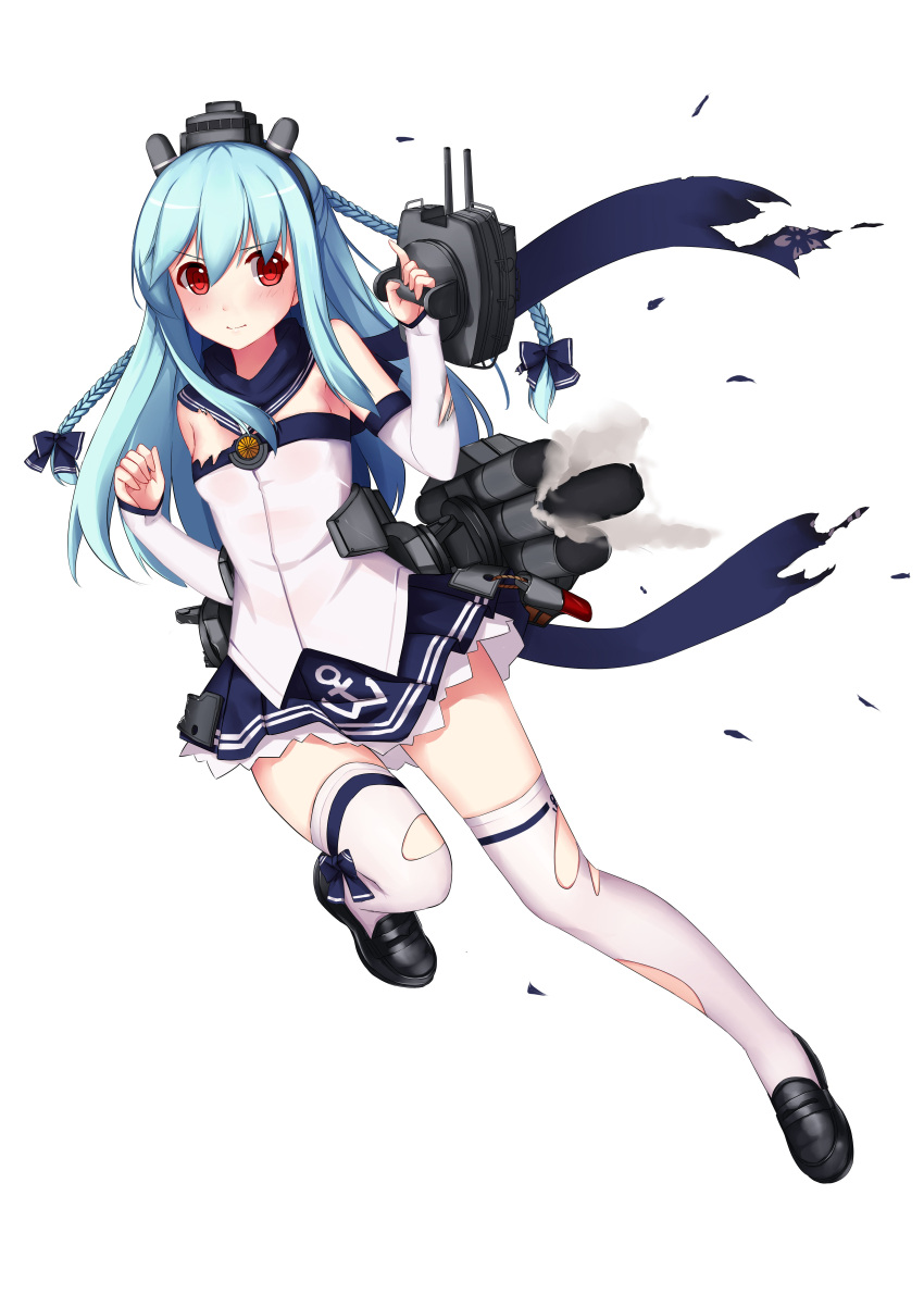 1girl absurdres allenes armpits bare_shoulders black_footwear blue_bow blue_hair blue_skirt bow braid breasts cannon closed_mouth detached_sleeves fubuki_(zhan_jian_shao_nyu) full_body hair_bow hair_ribbon headwear highres leg_ribbon loafers long_hair looking_at_viewer machinery multiple_braids official_art one_leg_raised pleated_skirt red_eyes red_scarf remodel_(zhan_jian_shao_nyu) ribbon rigging sailor_collar scarf shoes simple_background skirt small_breasts smoke solo standing standing_on_one_leg strapless thigh-highs torn_clothes torpedo tubetop turret twin_braids white_background white_legwear zettai_ryouiki zhan_jian_shao_nyu