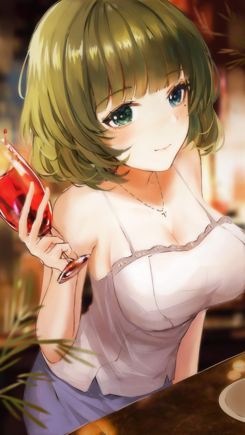 1girl absurdres alcohol artist_request bangs bare_shoulders blue_eyes blue_skirt blurry blurry_background breasts brown_hair cleavage cup drinking_glass eyebrows_visible_through_hair green_eyes heterochromia highres hips idolmaster idolmaster_cinderella_girls indoors jewelry large_breasts mole mole_under_eye necklace short_hair sitting skirt smile solo swept_bangs takagaki_kaede white_camisole wine wine_glass