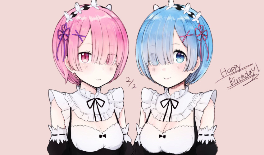 2girls asymmetrical_bangs bangs black_ribbon blue_eyes blue_hair blush breasts choker cleavage detached_sleeves eyebrows_visible_through_hair eyes_visible_through_hair flower hair_between_eyes hair_flower hair_ornament hair_over_one_eye hair_ribbon happy_birthday head_wreath highres medium_breasts multiple_girls neck_ribbon ntykii pink_background pink_hair pink_ribbon purple_ribbon ram_(re:zero) re:zero_kara_hajimeru_isekai_seikatsu red_eyes rem_(re:zero) ribbon ribbon-trimmed_sleeves ribbon_trim short_hair siblings simple_background sisters small_breasts smile upper_body white_flower