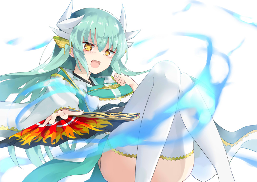100 absurdres dress fate/grand_order fate_(series) green_dress green_hair hair_ornament hand_on_own_chest highres horns kiyohime_(fate/grand_order) long_hair long_sleeves open_mouth thigh-highs traditional_clothes white_legwear yellow_eyes