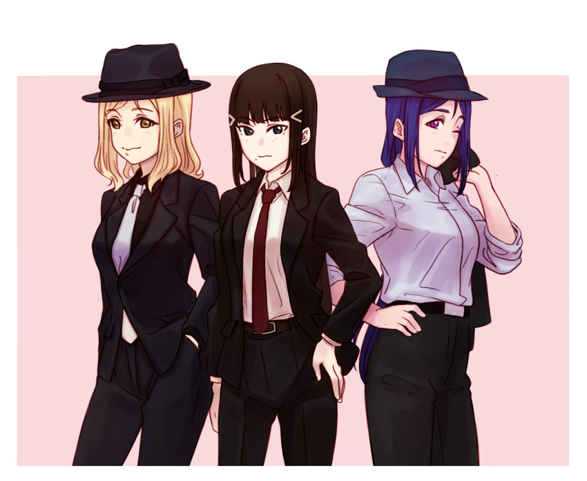 3girls black_hair blonde_hair blue_hair formal hat kurosawa_dia long_hair love_live! love_live!_sunshine!! matsuura_kanan multiple_girls necktie ohara_mari suit tagme