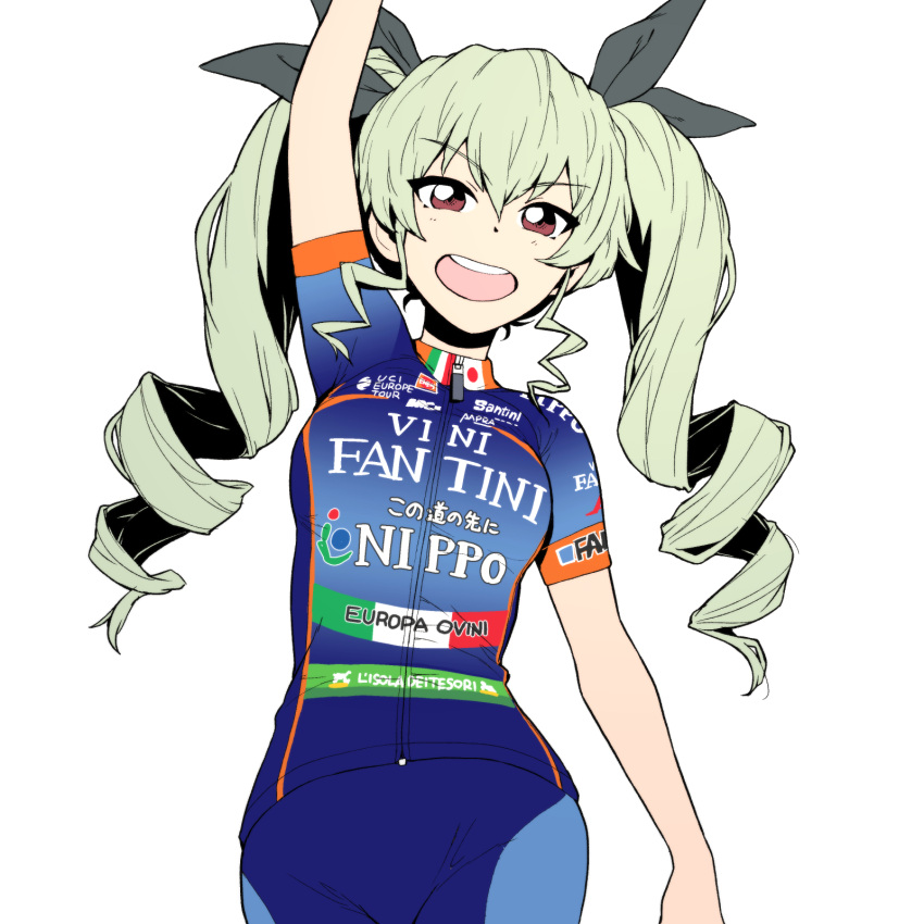 1girl anchovy arm_up bangs bike_jersey bike_shorts black_ribbon blue_shirt blue_shorts clothes_writing commentary_request cowboy_shot drill_hair eyebrows_visible_through_hair girls_und_panzer green_hair hair_ribbon highres italian italian_flag japanese_flag logo long_hair looking_at_viewer muted_color onsen_tamago_(hs_egg) open_mouth red_eyes ribbon shirt short_sleeves shorts simple_background smile solo standing translated twin_drills twintails v-shaped_eyebrows white_background zipper zipper_pull_tab