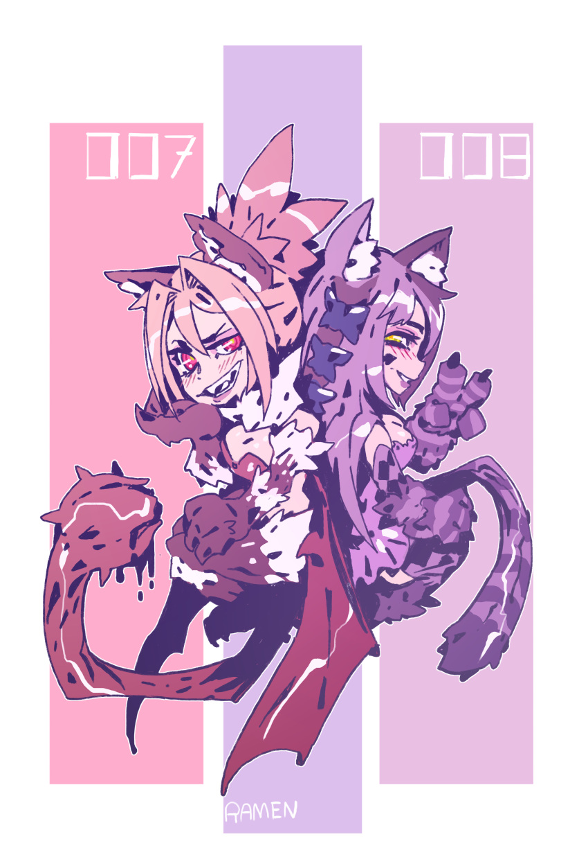 2girls absurdres animal_ears artist_name back-to-back bangs blush bow cat_ears cat_tail cheshire_cat_(monster_girl_encyclopedia) claws elbow_gloves gloves grin hair_bow hair_intakes highres long_hair looking_at_viewer low_wings manticore_(monster_girl_encyclopedia) monster_girl monster_girl_encyclopedia multiple_girls orange_hair parted_lips patreon_username paws ponytail prehensile_tail purple_bow purple_gloves purple_hair ramenwarwok red_eyes smile tail wings wolf_ears