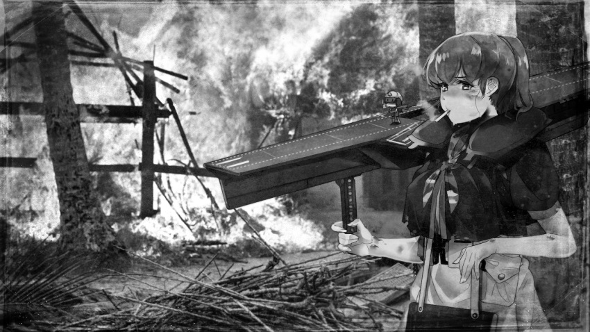 1girl bitchcraft123 breasts burning cigarette commentary_request fairy_(kantai_collection) fire flight_deck greyscale intrepid_(kantai_collection) kantai_collection large_breasts monochrome ponytail shirt short_hair smoking vietnam_war