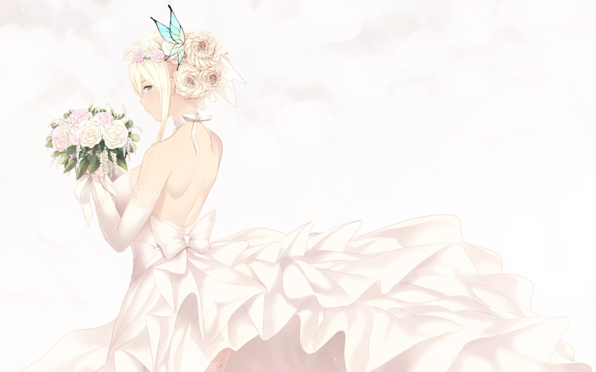 1girl alternate_hairstyle backless_outfit bare_shoulders blonde_hair blue_eyes boku_wa_tomodachi_ga_sukunai bouquet butterfly_hair_ornament cait commentary dress flower from_behind hair_bun hair_flower hair_ornament hair_up highres kashiwazaki_sena looking_back open-back_dress shoulder_blades simple_background solo wedding_dress white_flower