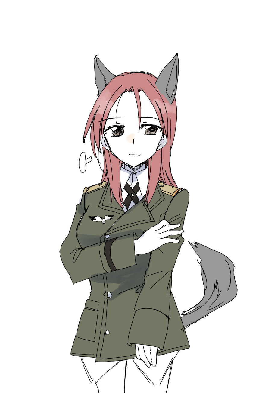 1girl absurdres animal_ears arm_grab brown_eyes dog_ears dog_tail highres light_smile long_hair minna-dietlinde_wilcke red_eyes sanpachishiki_(gyokusai-jima) sketch solo strike_witches tail uniform white_background world_witches_series