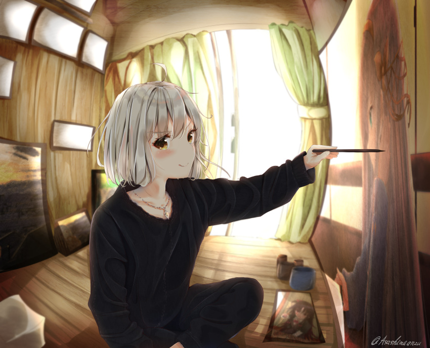 1girl :q absurdres ahoge alternate_hair_length alternate_hairstyle anastasia_(fate/grand_order) artist_self-reference bangs black_pants black_sweater blush commentary_request curtains eyebrows_visible_through_hair fate/grand_order fate_(series) gem highres holding indoors jeanne_d'arc_(alter)_(fate) jeanne_d'arc_(fate)_(all) jewelry long_sleeves looking_at_viewer necklace on_floor original outstretched_arm paintbrush painting painting_(object) pants room ryuuou_no_oshigoto! sashima short_hair sitting smile solo sunlight sweater tongue tongue_out twitter_username v-shaped_eyebrows white_hair window wooden_floor yashajin_ai yellow_eyes younger