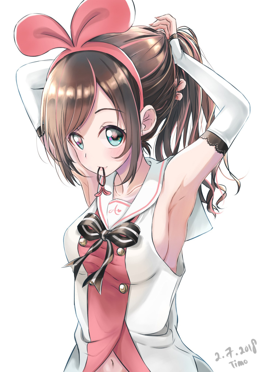 1girl a.i._channel adjusting_hair alternate_hairstyle aqua_eyes armpits arms_up bare_shoulders blush bow bowtie breasts brown_hair dated hair_ornament highres kizuna_ai medium_breasts navel ponytail simple_background sleeveless smile solo user_xxyz8843 virtual_youtuber white_background