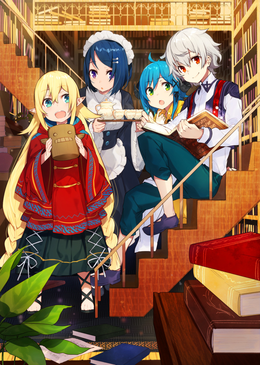 1boy 3girls :o abel_berek ahoge aqua_eyes blonde_hair blue_hair book bookshelf braid cover cover_page cup eyebrows_visible_through_hair frilled_sleeves frills green_eyes hair_between_eyes hair_ornament hairclip highres holding holding_book holding_tray horns indoors linoa_liberto long_hair long_sleeves looking_at_another looking_at_viewer maid maid_headdress mare_(juzoku_tensei) marias_(juzoku_tensei) mika_pikazo multiple_girls novel_cover official_art open_book open_mouth pile_of_books pointy_ears red_eyes saikyou_juzoku_tensei_~cheat_majutsushi_no_slow_life~ short_hair sidelocks sitting sitting_on_stairs smile stairs teacup teapot tray very_long_hair violet_eyes white_hair wide_sleeves x_hair_ornament