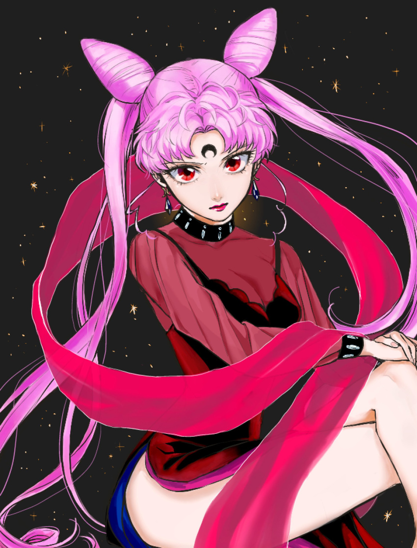 1girl absurdres bangs bare_legs bishoujo_senshi_sailor_moon black_background black_lady chibi_usa closed_mouth crystal_earrings double_bun dress earrings facial_mark forehead_mark hands_together highres jewelry legs_crossed lipstick long_hair long_sleeves makeup nora_kokoko older parted_bangs pink_hair pink_lips red_dress red_eyes shawl side_slit solo twintails very_long_hair