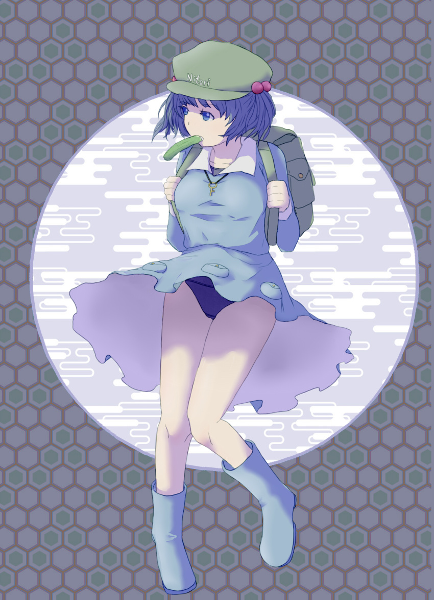 1girl backpack bag blue_background blue_eyes blue_footwear blue_hair blue_shirt blue_skirt boots breasts character_name clothes_writing collared_shirt cucumber eating flat_cap frilled_shirt_collar frills green_hat guro_mental hair_bobbles hair_ornament hat highres kawashiro_nitori key long_sleeves medium_breasts medium_hair pocket puffy_sleeves school_swimsuit shirt short_hair skirt solo swimsuit swimsuit_under_clothes touhou twintails two_side_up