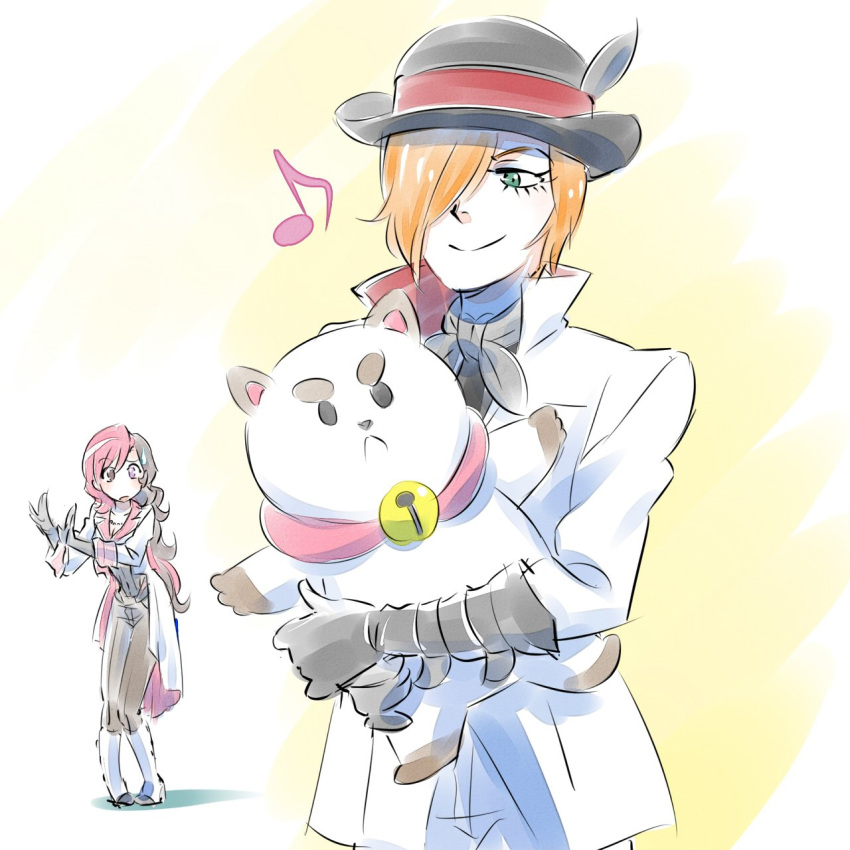1boy 1girl bell bowler_hat cat_doll commentary_request hair_over_one_eye hat highres hug iesupa musical_note neo_(rwby) roman_torchwick rwby sad smile