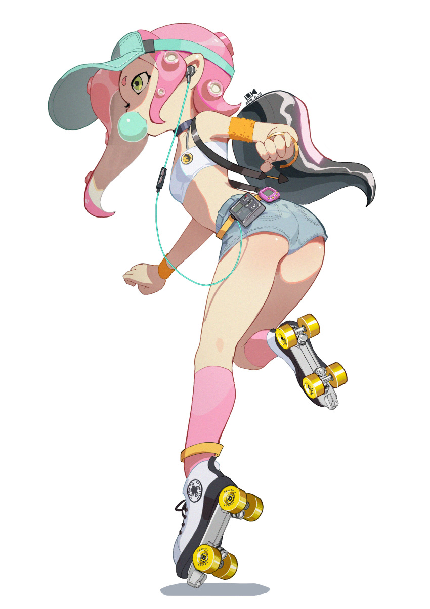 1girl absurdres amakusa_(hidorozoa) armband ass backpack bag breasts bubble_blowing choker denim denim_shorts digital_media_player earphones earphones from_side full_body green_eyes highres kneehighs leg_up midriff octoling pink_hair pink_legwear roller_skates short_shorts shorts simple_background skates small_breasts solo splatoon splatoon_2 standing standing_on_one_leg strapless tamagotchi tentacle_hair tubetop visor_cap white_background