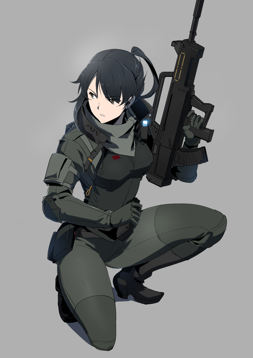 1girl absurdres black_hair bodysuit brown_eyes earpiece gun highres holding holding_gun holding_weapon las91214 magazine_(weapon) one_knee original ponytail science_fiction simple_background solo weapon