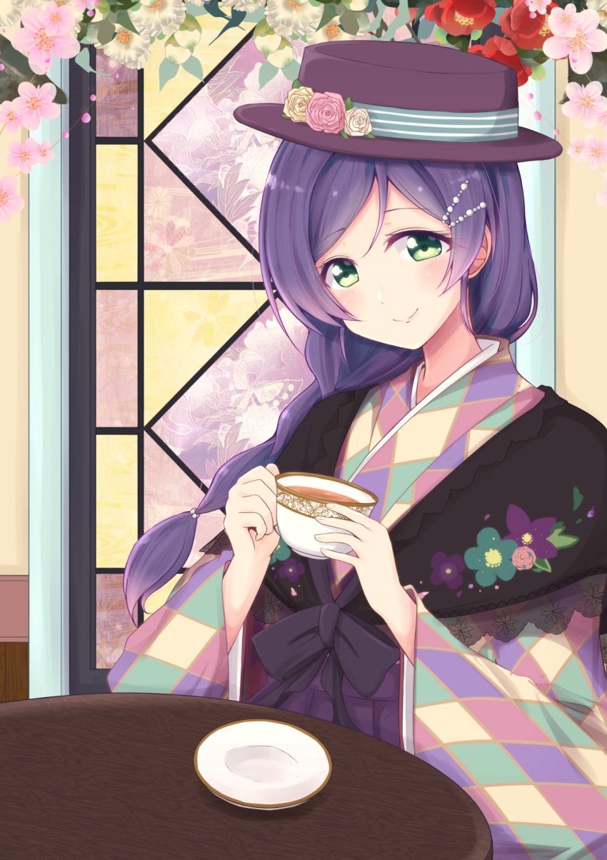 1girl argyle argyle_kimono black_bow black_hat bow braid capelet chiro_(bocchiropafe) commentary_request cup flower green_eyes hair_ornament hairpin hat hat_flower highres holding holding_cup japanese_clothes kimono long_hair looking_at_viewer love_live! love_live!_school_idol_project pink_flower pink_rose purple_hair rose saucer single_braid smile solo stained_glass table teacup toujou_nozomi white_flower white_rose wide_sleeves yellow_flower yellow_rose
