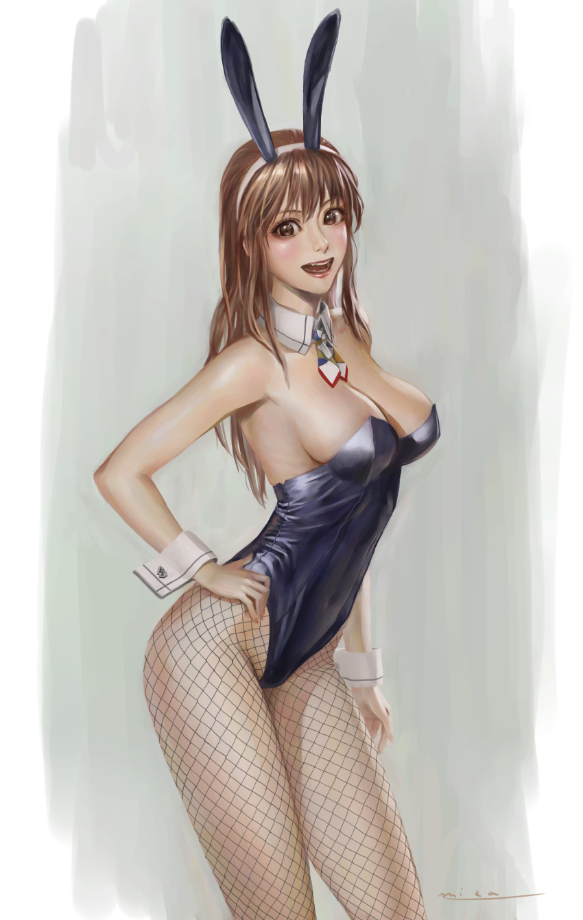 1girl absurdres animal_ears ashigara_(kantai_collection) breasts brown_eyes brown_hair bunny_girl bunnysuit cleavage highres kantai_collection looking_at_viewer murasaki-sin rabbit_ears smile solo thighs traditional_media watercolor_(medium)