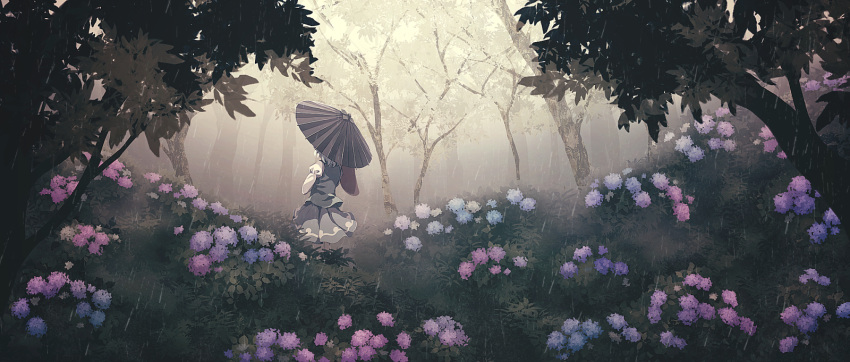 1girl blue_flower blue_skirt blue_vest dark dise flower fog from_behind highres holding holding_umbrella hydrangea juliet_sleeves light_blue_hair long_sleeves looking_away nature oriental_umbrella outdoors pink_flower plant pleated_skirt puffy_sleeves purple_flower rain scenery shirt short_hair skirt solo standing tatara_kogasa touhou tree umbrella vest white_shirt