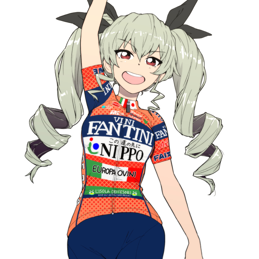 1girl anchovy arm_up bangs bike_jersey bike_shorts black_ribbon blue_shorts clothes_writing commentary_request cowboy_shot drill_hair eyebrows_visible_through_hair girls_und_panzer green_hair hair_ribbon highres italian italian_flag japanese_flag logo long_hair looking_at_viewer onsen_tamago_(hs_egg) open_mouth red_eyes red_shirt ribbon shirt short_sleeves shorts simple_background smile solo standing translated twin_drills twintails v-shaped_eyebrows white_background zipper zipper_pull_tab