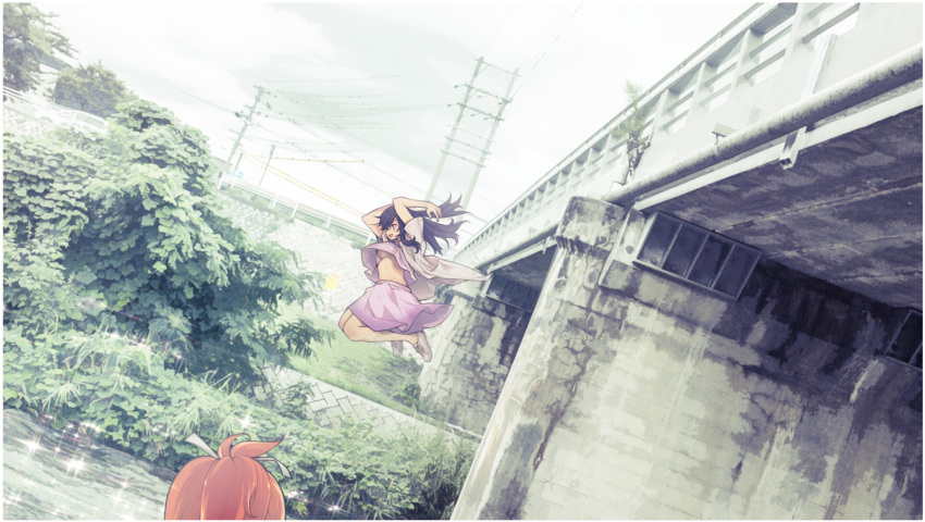 2girls black_hair breasts bridge day highres ichijou_hotaru koshigaya_natsumi kubu_kurin looking_away medium_breasts multiple_girls no_socks non_non_biyori open_mouth orange_hair outdoors pink_skirt power_lines shoes short_hair skirt smile sneakers under_boob water