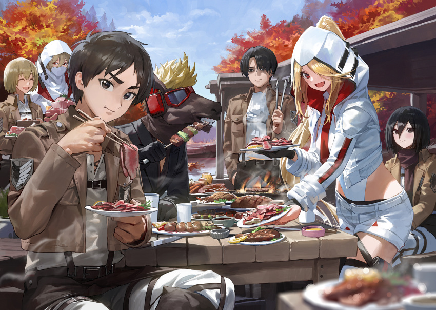 2girls 3boys armin_arlert ascot autumn_leaves bangs belt black_eyes black_footwear black_hair blonde_hair blue_sky blurry blurry_foreground boots brown_jacket character_request chopsticks closed_eyes closed_mouth commentary_request cropped_jacket day depth_of_field eating eren_yeager food frown goggles grey_shirt hand_in_pocket highres holding holding_chopsticks holding_plate hood hood_up hooded_jacket horse jacket knee_boots leotard leotard_under_clothes levi_(shingeki_no_kyojin) long_hair long_sleeves looking_at_another looking_at_viewer mask meat mikasa_ackerman modare mouth_mask multiple_boys multiple_girls open_clothes open_jacket open_mouth outdoors pants paradis_military_uniform parted_bangs plate ponytail red_eyes shingeki_no_kyojin shirt shishkebab_(fallout) short_hair short_shorts shorts sitting skirt sky smile standing survey_corps_(emblem) suspender_skirt suspenders swept_bangs thigh-highs tongs very_long_hair white_ascot white_belt white_leotard white_pants white_shorts white_thighhighs