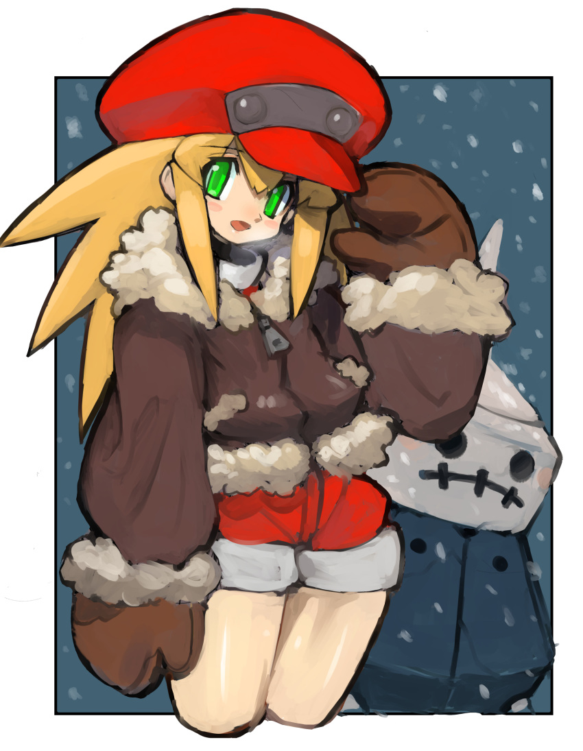 absurdres blonde_hair blush brown_coat brown_mittens cabbie_hat capcom coat cowboy_shot dakusuta frame fur_trim green_eyes hair_between_eyes hat head_tilt highres long_hair looking_at_viewer mittens open_mouth outside_border pocket red_hat red_shorts rockman rockman_dash roll_caskett short_shorts shorts sidelocks smile spiky_hair winter winter_clothes zipper_pull_tab