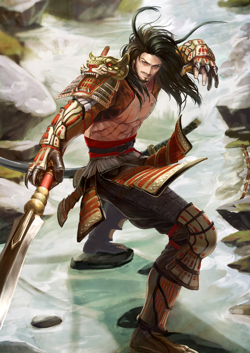 1boy abs beard brown_eyes day facial_hair fighting_stance gauntlets greaves highres holding holding_spear holding_weapon katana long_hair male_focus moyotaro muscle mustache outdoors polearm scar scratches sheath sheathed shoulder_armor solo spear sword weapon