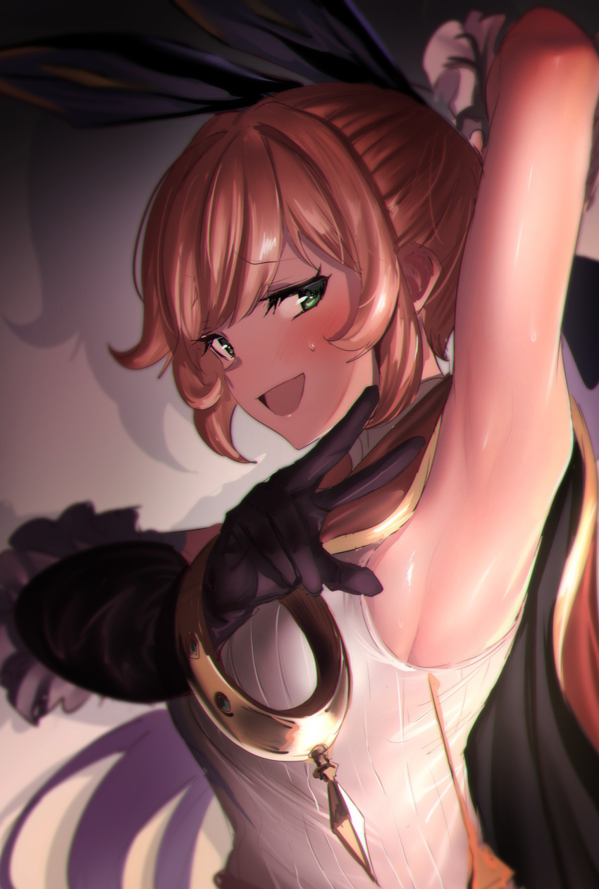 1girl :d absurdres arm_up armpits blush brown_hair cape clarisse_(granblue_fantasy) gloves granblue_fantasy green_eyes hair_ribbon highres open_mouth ponytail ribbon sleeveless smile solo ulrich_(tagaragakuin) w