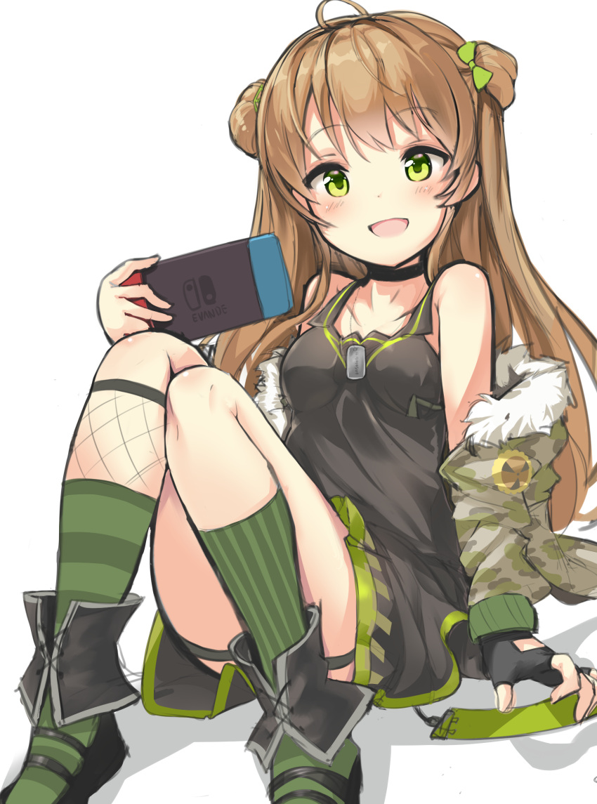 1girl :d ahoge bangs black_choker blush boots breasts brown_hair camouflage choker convenient_leg dog_tags double_bun eyebrows_visible_through_hair fingerless_gloves fur_trim girls_frontline gloves green_eyes head_tilt highres holding jacket knees_up long_hair long_sleeves looking_at_viewer nintendo_switch off_shoulder ohshit open_mouth rfb_(girls_frontline) shirt simple_background sitting skirt sleeveless sleeveless_shirt small_breasts smile socks solo white_background