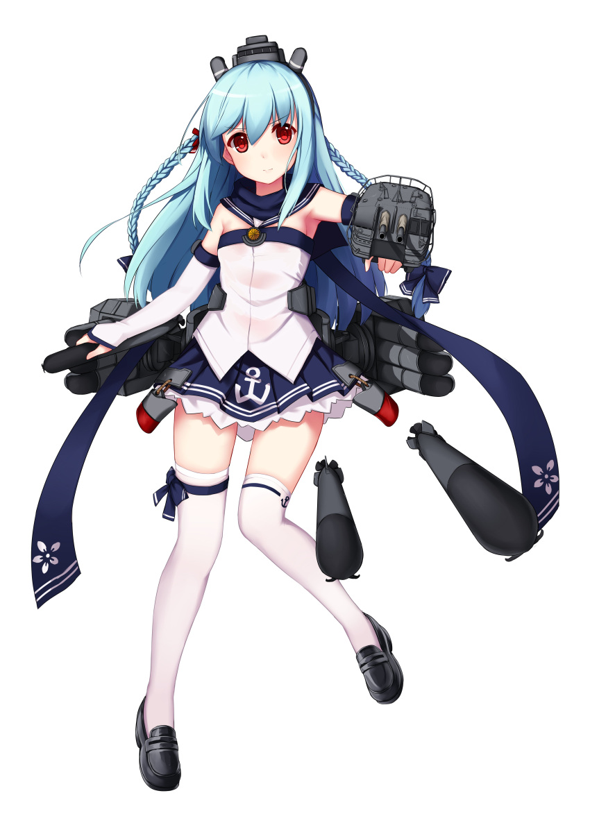 1girl absurdres allenes armpits bare_shoulders black_footwear blue_bow blue_hair blue_skirt bow braid breasts cannon closed_mouth detached_sleeves fubuki_(zhan_jian_shao_nyu) full_body hair_bow hair_ribbon headwear highres knees_together_feet_apart leg_ribbon loafers long_hair looking_at_viewer machinery multiple_braids official_art outstretched_arm pleated_skirt red_eyes red_ribbon red_scarf remodel_(zhan_jian_shao_nyu) ribbon rigging sailor_collar scarf shoes simple_background skirt small_breasts solo standing strapless thigh-highs torpedo tubetop turret twin_braids white_background white_legwear zettai_ryouiki zhan_jian_shao_nyu