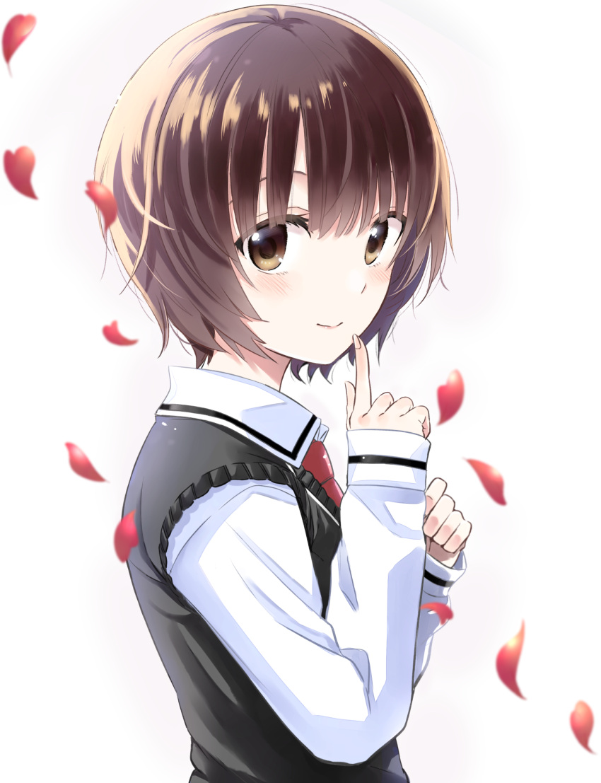 1girl bangs blush brown_eyes brown_hair character_request commentary_request falling_petals finger_to_mouth fingernails from_side hands_up heart-shaped_petals highres index_finger_raised kishuku_gakkou_no_juliet long_sleeves looking_at_viewer looking_to_the_side natsupa necktie petals red_neckwear red_petals shirt short_hair sleeves_past_wrists smile solo sweater_vest upper_body white_shirt