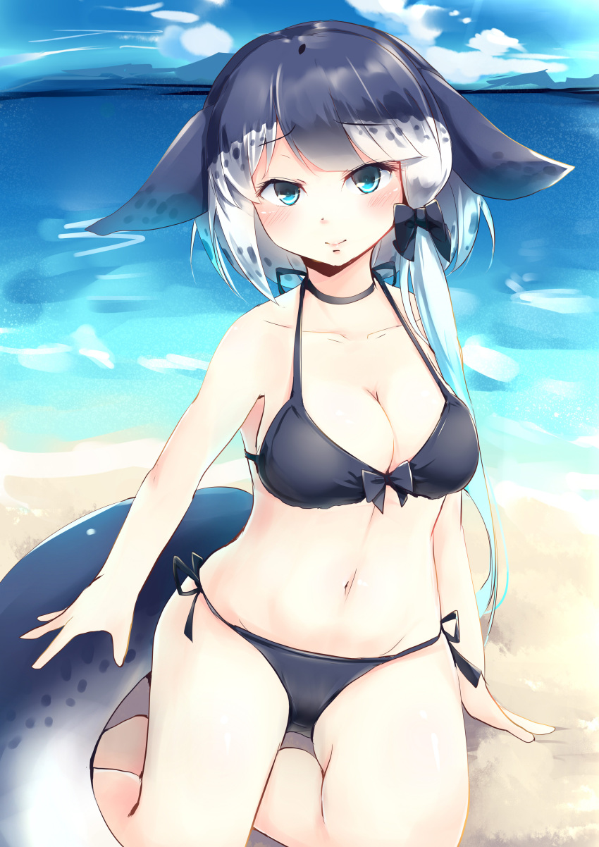 1girl absurdres beach bikini black_bikini black_bow black_hair blue_eyes blue_sky blush bow breasts cleavage clouds collarbone day eyebrows_visible_through_hair hair_bow highres kanzakietc kemono_friends looking_at_viewer medium_breasts multicolored_hair narwhal_(kemono_friends) narwhal_tail outdoors side-tie_bikini sky smile solo swimsuit tail two-tone_hair white_hair