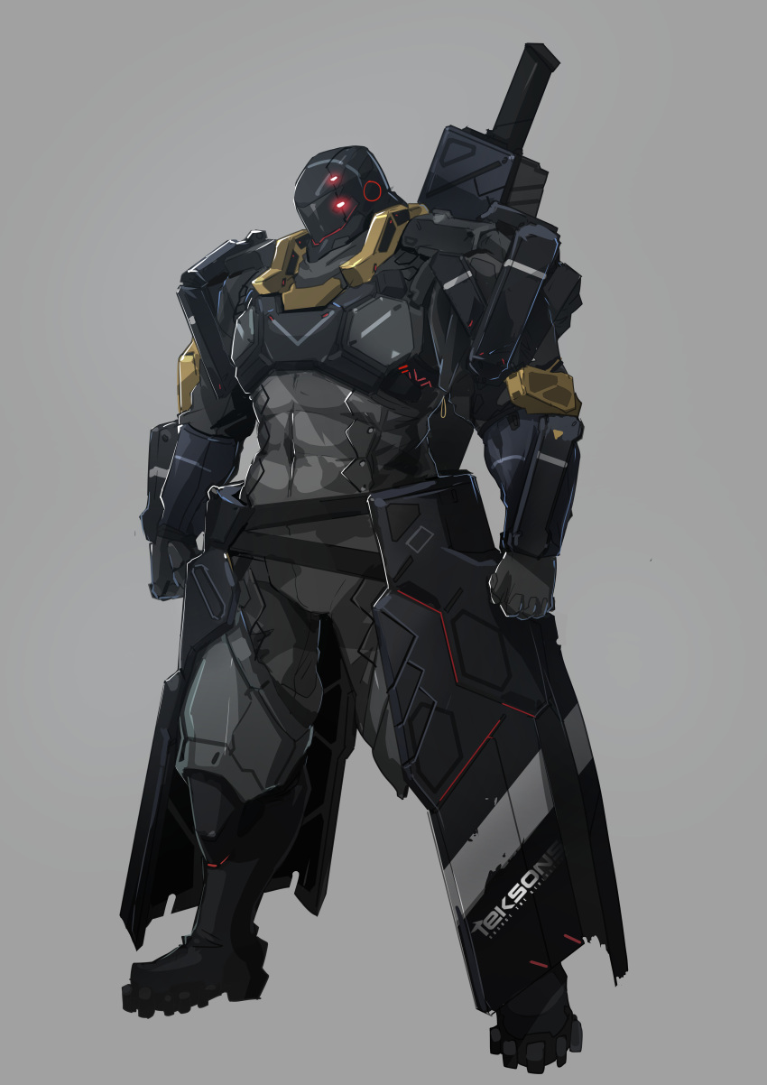 1boy absurdres armor full_body helmet highres las91214 male_focus muscle original science_fiction simple_background solo sword weapon