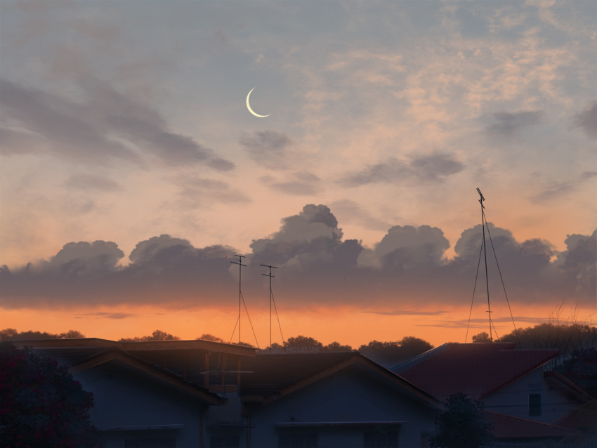 building clouds cloudy_sky commentary crescent_moon english_commentary highres house making_of mclelun moon no_humans original outdoors scenery sky sunset twilight