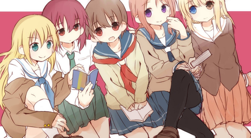 5girls arm_around_waist arm_support black_legwear blonde_hair blue_eyes blue_neckwear book brown_eyes brown_footwear brown_hair brown_jacket brown_sweater cardigan closed_mouth dress_shirt eyebrows_visible_through_hair fud fukuji_mihoko green_eyes green_neckwear hand_on_own_leg heterochromia holding holding_book jacket jacket_pull kazekoshi_school_uniform kiyosumi_school_uniform legs_crossed letterboxed light_frown loafers long_sleeves looking_at_another looking_at_viewer miyanaga_saki miyanaga_teru multiple_girls neckerchief necktie off_shoulder oohoshi_awai pantyhose pink_skirt reading red_background red_eyes red_neckwear redhead saki school_uniform serafuku shiraitodai_school_uniform shirt shoes siblings sisters sitting skirt socks sweater takei_hisa violet_eyes white white_shirt wing_collar winter_uniform