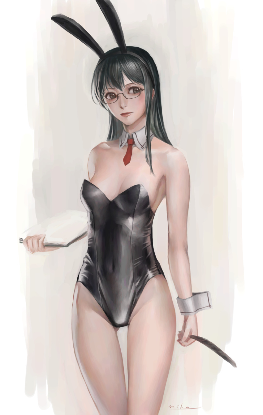 1girl absurdres animal_ears black_eyes black_hair breasts bunny_girl bunnysuit cleavage glasses highres holding holding_paper holding_quill kantai_collection looking_at_viewer murasaki-sin ooyodo_(kantai_collection) paper quill rabbit_ears smile solo thighs traditional_media watercolor_(medium)
