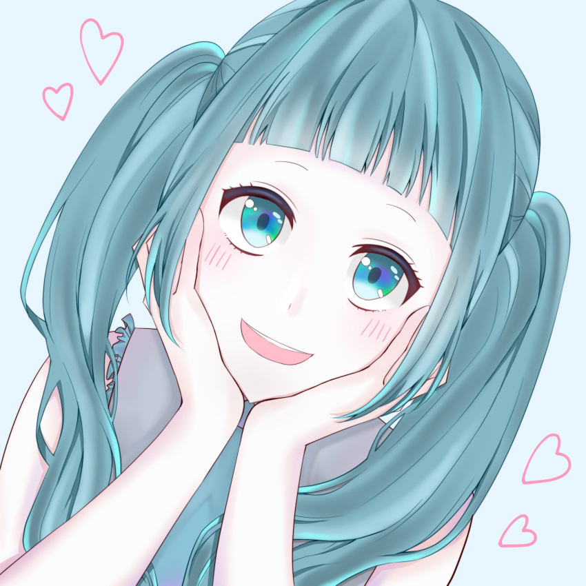 alternate_hairstyle aqua_eyes aqua_hair bangs blunt_bangs blush eyebrows eyelashes hands_on_own_cheeks hands_on_own_face hatsune_miku heart highres kurage-itimatu necktie sleeveless smile twintails vocaloid