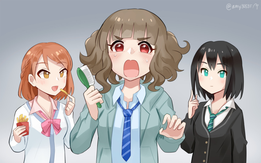 3girls alternate_hair_length alternate_hairstyle amy30535 aqua_eyes bangs black_hair blunt_bangs blush brown_hair commentary_request food french_fries hair_brush houjou_karen idolmaster idolmaster_cinderella_girls kamiya_nao messy_hair multiple_girls necktie orange_eyes orange_hair red_eyes school_uniform shibuya_rin short_hair sweatdrop thick_eyebrows triad_primus