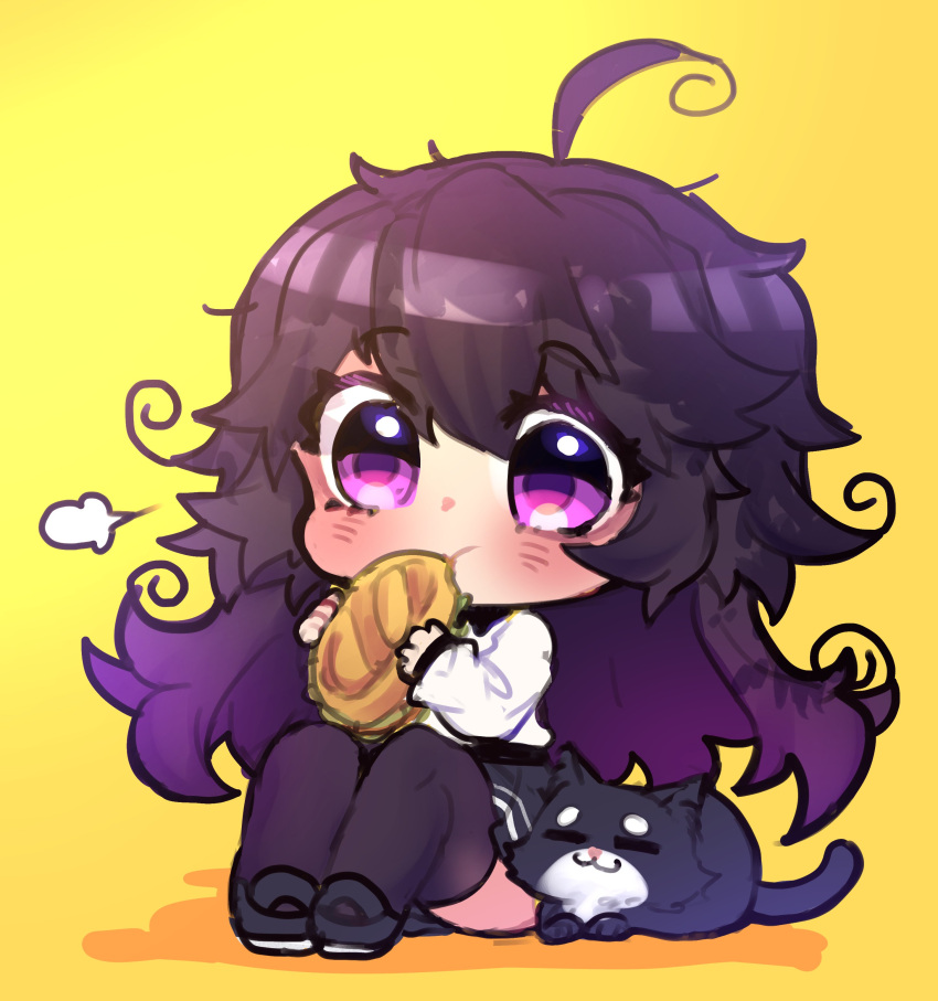 1girl absurdres ahoge black_cat black_footwear black_legwear blush bread cat chibi closed_eyes commentary eating english_commentary eyebrows_visible_through_hair food highres holding messy_hair nyarla_(osiimi) original osiimi purple_hair simple_background solo thigh-highs violet_eyes yellow_background