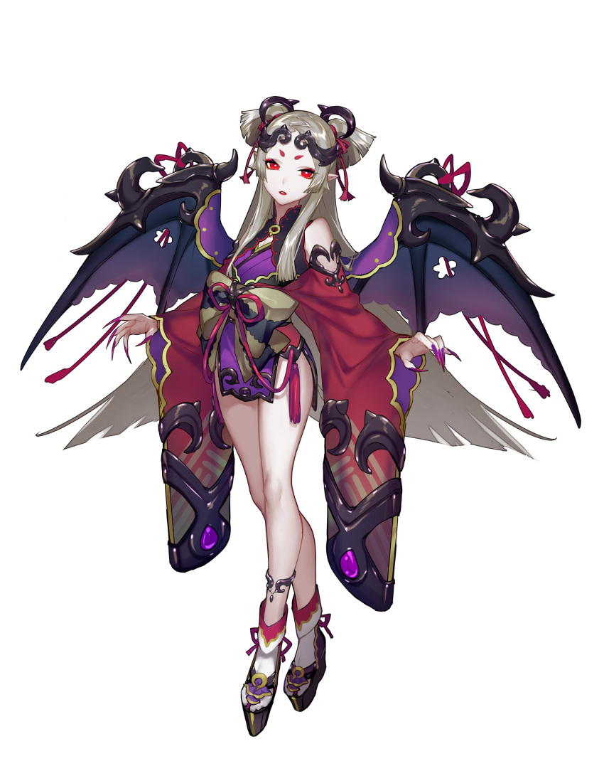 1girl absurdres bare_shoulders commentary_request demon_girl demon_wings fingernails flat_chest full_body grey_hair hair_ornament highres japanese_clothes kimono lips lipstick loalo long_fingernails long_hair long_sleeves makeup nail_polish obi onmyoji onmyouji pale_skin parted_lips platform_footwear pointy_ears purple_nails red_eyes sandals sash shiny shiny_hair sidelocks solo standing tabi transparent_background wide_sleeves wings