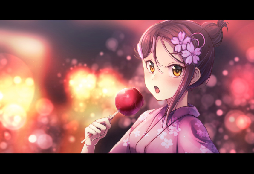 1girl :o blurry blush bokeh candy_apple depth_of_field floral_print flower food hair_bun hair_flower hair_ornament hair_up hairclip holding holding_food japanese_clothes kimono letterboxed looking_at_viewer love_live! love_live!_sunshine!! otsumami_(otsu-mugi) pink_flower pink_kimono red_eyes sakurauchi_riko sidelocks solo upper_body yellow_eyes