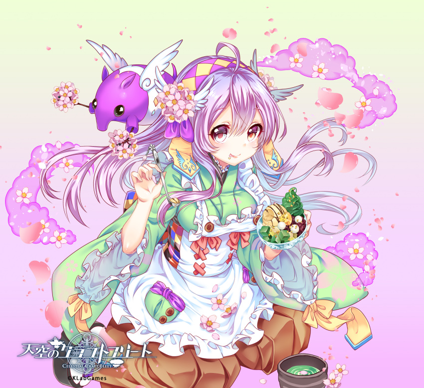 1girl ahoge apron blush bowl breasts brown_eyes brown_skirt copyright_name dessert eating flower food hair_flower hair_ornament hairband hanami highres ice_cream kneeling licking_lips long_hair looking_at_viewer medium_breasts mochi official_art petals pocket purple_background purple_hair purple_hairband sandals skirt solo spoon tapir tea teltelhousi tenkuu_no_craft_fleet tongue tongue_out wagashi white_legwear wide_sleeves wings