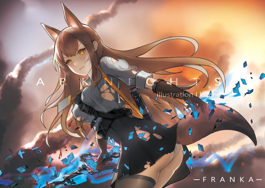 1girl animal_ears arknights ass bangs belt black_legwear breasts brown_gloves brown_hair butt_crack elbow_gloves fox_ears fox_girl fox_tail franka_(arknights) gloves hair_between_eyes holding holding_sword holding_weapon kuhnowushi long_hair looking_at_viewer orange_eyes panties scabbard sheath shirt skirt solo sword tail tearing_clothes thigh-highs torn_clothes underwear weapon