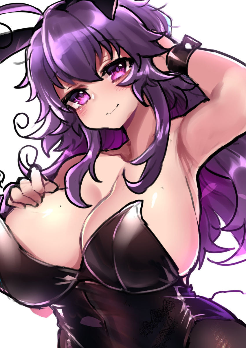 1girl animal_ears armpits bare_arms bare_shoulders black_leotard breasts bunnysuit closed_mouth commentary english_commentary hand_up highres huge_breasts leotard long_hair looking_at_viewer messy_hair nyarla_(osiimi) original osiimi purple_hair rabbit_ears simple_background smile solo violet_eyes white_background wrist_cuffs