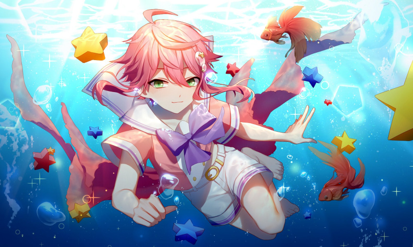 1boy :3 ahoge asd13 blush ensemble_stars! fish green_eyes highres himemiya_touri looking_at_viewer male_focus pink_hair sailor_collar shorts sidelocks smile solo swimming underwater water