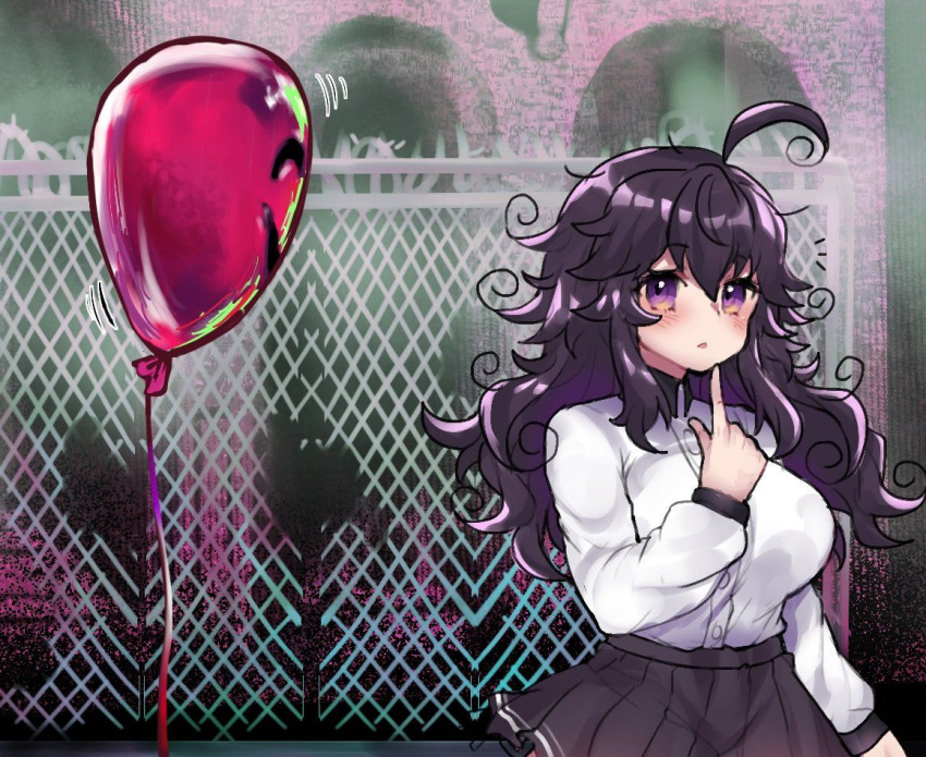 1girl balloon black_skirt blush breasts fence index_finger_raised large_breasts long_hair looking_at_viewer messy_hair notice_lines nyarla_(osiimi) original osiimi paid_reward parted_lips patreon_reward pleated_skirt shirt skirt solo violet_eyes white_shirt