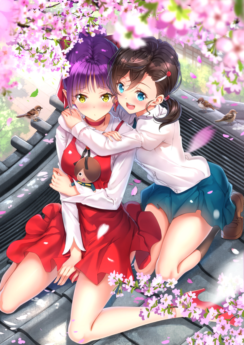 2girls arm_at_side blue_eyes blue_skirt blush bow breasts brown_hair choker commentary_request dress full_body gegege_no_kitarou hair_bow hair_ornament hairclip highres holding_arm inuyama_mana long_sleeves looking_at_viewer multiple_girls nekomusume_(gegege_no_kitarou_6) open_mouth pointy_ears purple_hair red_bow red_choker red_dress shirt short_hair sitting skirt standing swordsouls white_shirt yellow_eyes